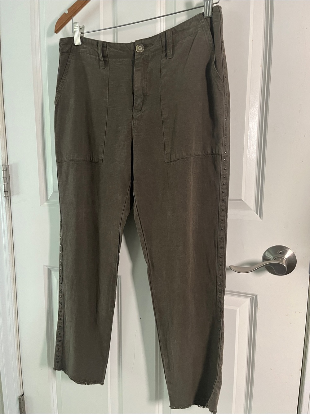 Joie Khaki Green Linen Blend studded ankle Pants patch pocket sz 4